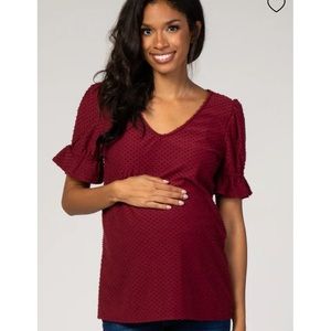 Burgundy Swiss Dot Puff Ruffle Short Sleeve Maternity Top